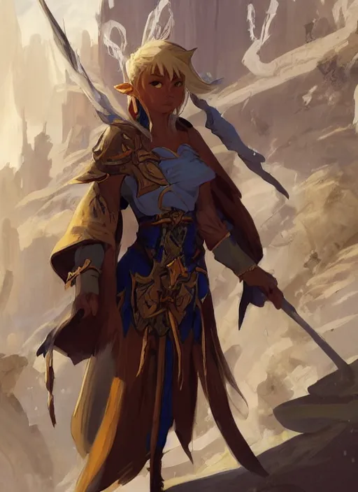 Image similar to concept art painting of an elf with brown skin and short white hair, demon horns, blue tunic and robes, detailed, d & d style, cel shaded, in the style of ruan jia and artgerm and makoto shinkai and james gurney