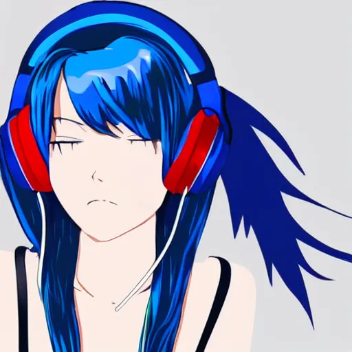 Prompt: Girl with blue hair and red eyes wearing headphones, anime style