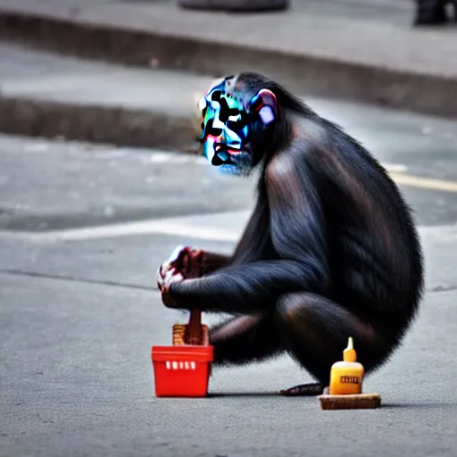 Image similar to a chimpanzee picking up pennies on a street in manhattan, depth of field, breathtaking, detailed and intricate environment, 8 k resolution, hyperrealistic