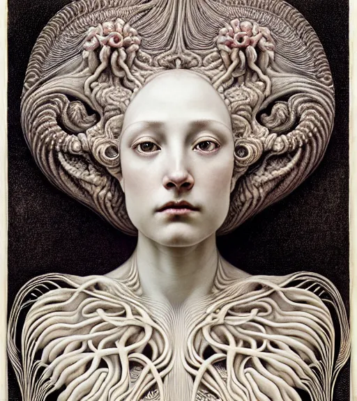 Image similar to detailed realistic beautiful ivory goddess face portrait by jean delville, gustave dore, iris van herpen and marco mazzoni, art forms of nature by ernst haeckel, art nouveau, symbolist, visionary, gothic, neo - gothic, pre - raphaelite, fractal lace, intricate alien botanicals, biodiversity, surreality, hyperdetailed ultrasharp octane render
