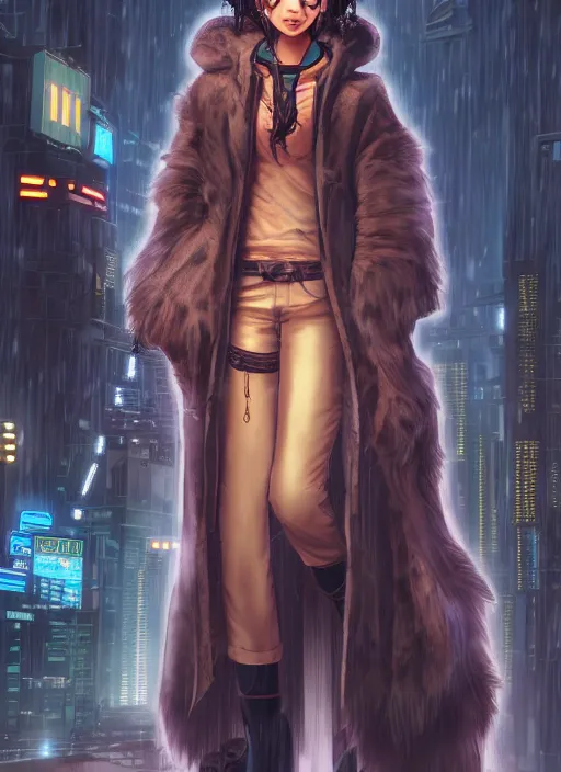 Image similar to character portrait of a female anthro hyena fursona with a cute beautiful attractive furry face and long black curly hair wearing jedi robes in a cyberpunk city at night while it rains. hidari, color page, tankoban, 4K, tone mapping, Akihiko Yoshida.