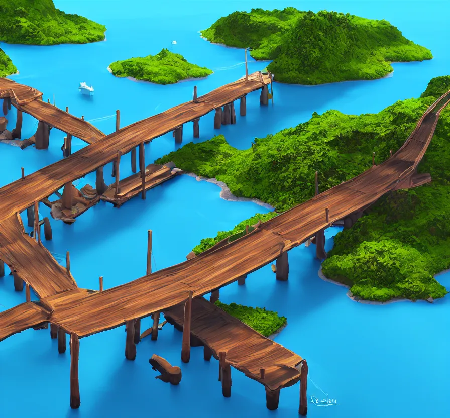 Prompt: island in sea with logan wooden bridge, unreal engine, digital, acrilic paint