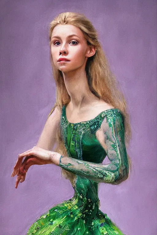 Image similar to An extremely beautiful detailed painting of a blonde haired polish princess in ballet posture, movement, extremely detailed, ultra complex clothing, green eyes, long hair, royal, round face, artstation, oil painting, award winning