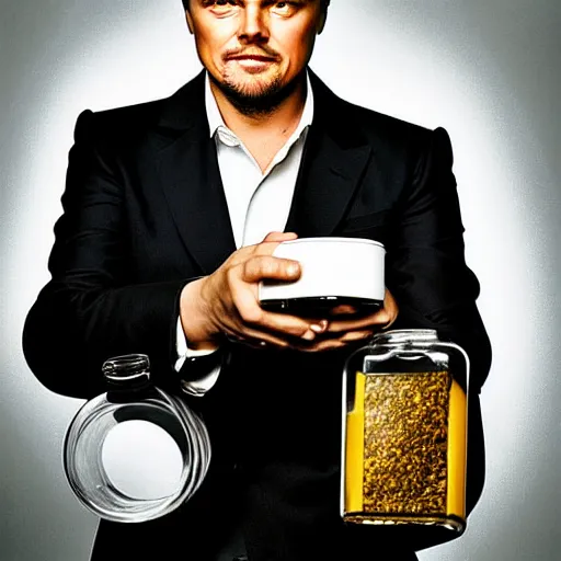 Image similar to detailed studio portrait of leoanrdo dicaprio holding tiny jar of tincture. watching ar camera. studio light, polished look, solid background, ad, fashion photography, by pierpaolo ferrari and maurizio cattelan, 3 5 mm photograph, david lachapelle, canon eos c 3 0 0, 8 k