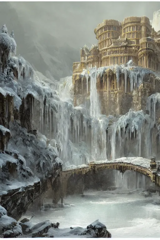 Image similar to a palace made of crystal stone with arches and bridge on top of a waterfall in the snow, blizzard, a small stream runs beneath the waterfall, landscape, raphael lacoste, eddie mendoza, alex ross, concept art, matte painting, highly detailed, rule of thirds, dynamic lighting, cinematic, detailed, denoised, centerd