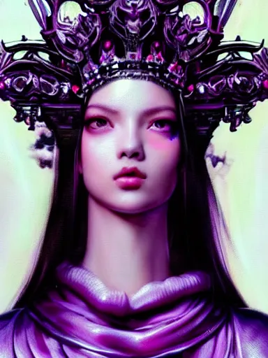 Prompt: pink portrait of beautiful female angel queen Lisa blackpink head wearing shiny pink crown, subtle purple accents, hyper details, black metal rococo, sculpted by Alex Alice, Craig Mullins, yoji shinkawa, trending on artstation, beautifully lit, Peter mohrbacher, hyper detailed, insane details, intricate, elite, elegant, luxury, ray of light through smoke, CGsociety, hypermaximalist, golden ratio, volumetric, octane render, weta digital, micro details, 3d sculpture