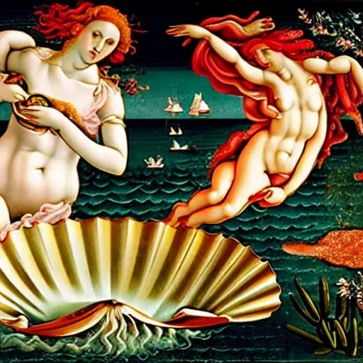 Image similar to birth of venus boticelli. emergeing from a sandwich. venus emerging from sandwich.