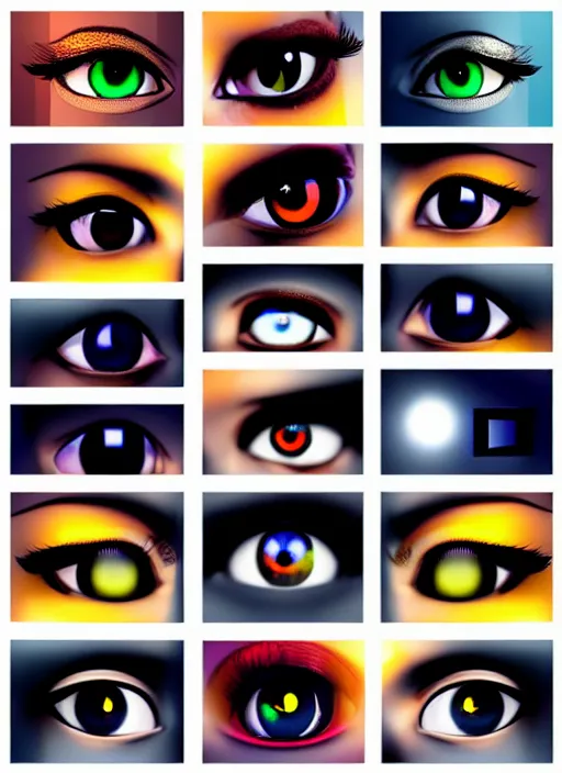 Image similar to grid montage of optica with cube shaped lens, square shaped black dilated pupils cubes, cube shaped, detailed colored textures, lashes, advanced art, art styles mix, wet reflections in square eyecubes, sunshine light, hd macro photograph, from side, various cube eyelid positions