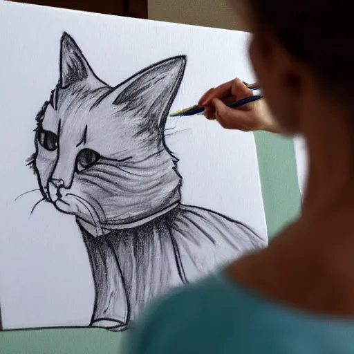 Image similar to A crying painter screams at a canvas, on the canvas is a simple stick figure drawing of a cat