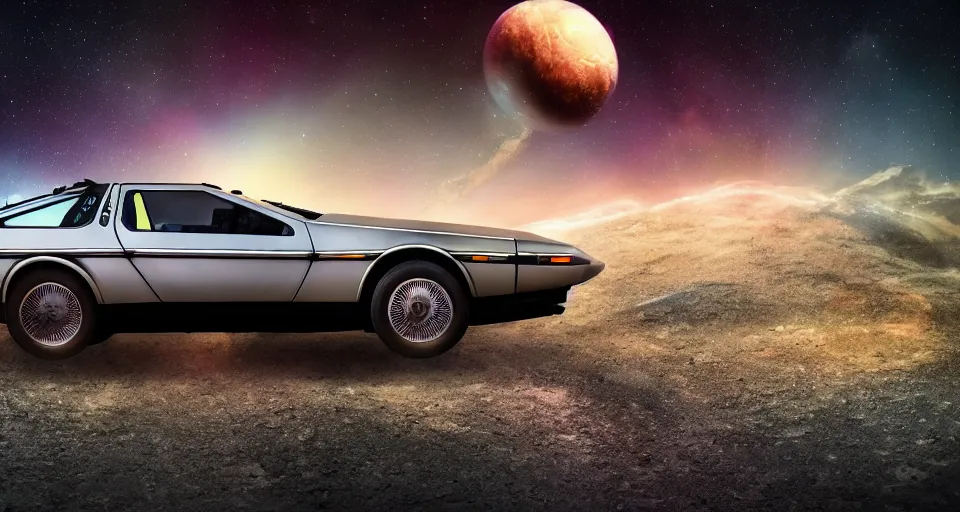 Image similar to inter dimensional sci - fi delorean far future, travelling across the stars, cosmos, galaxy, 8 k