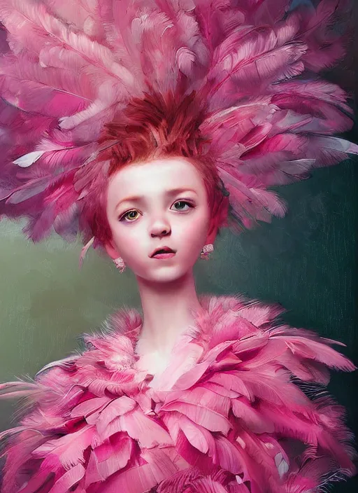 Image similar to beautiful little girl with an pink eccentric haircut wearing an dress made of feathers dancing on stage, artwork made by ilya kuvshinov, inspired in donato giancola, hd, ultra realistic, reflection, flowers, light, realistic face, bird