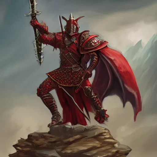 Image similar to A noble red dragonborn paladin with a halberd heroically posing in front of a castle, fantasy, medieval, cinematic, serious expression, 8k, trending on artstation, Bayard Wu, Rudy Siswanto, Sam Santala, In the style of Clint Cearley