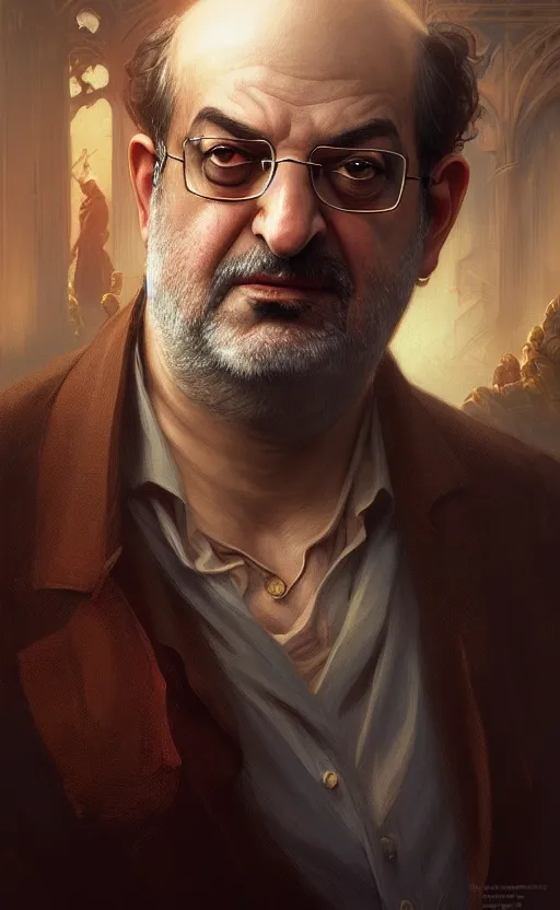 Image similar to portrait of salman rushdie, deep focus, d & d, fantasy, intricate, elegant, highly detailed, digital painting, artstation, concept art, matte, sharp focus, illustration, art by artgerm and greg rutkowski and alphonse mucha