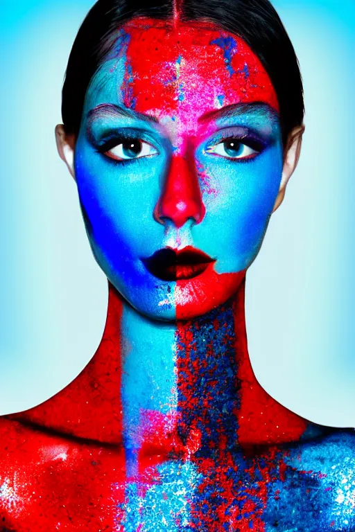 Image similar to glitched mix of endless female face and red paint in style of neo dada, blue background, hard paint, close-up