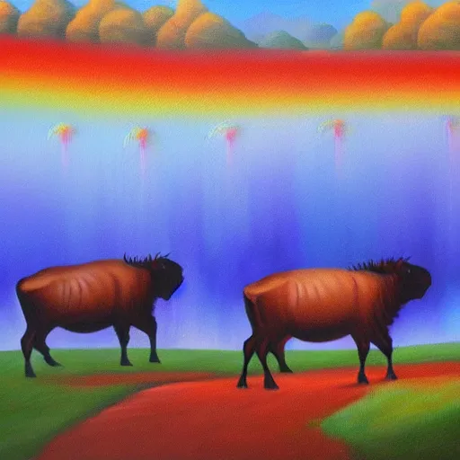 Prompt: buffalos grazing a field of umbrellas with a waterfall and a rainbow in the background, oil on canvas