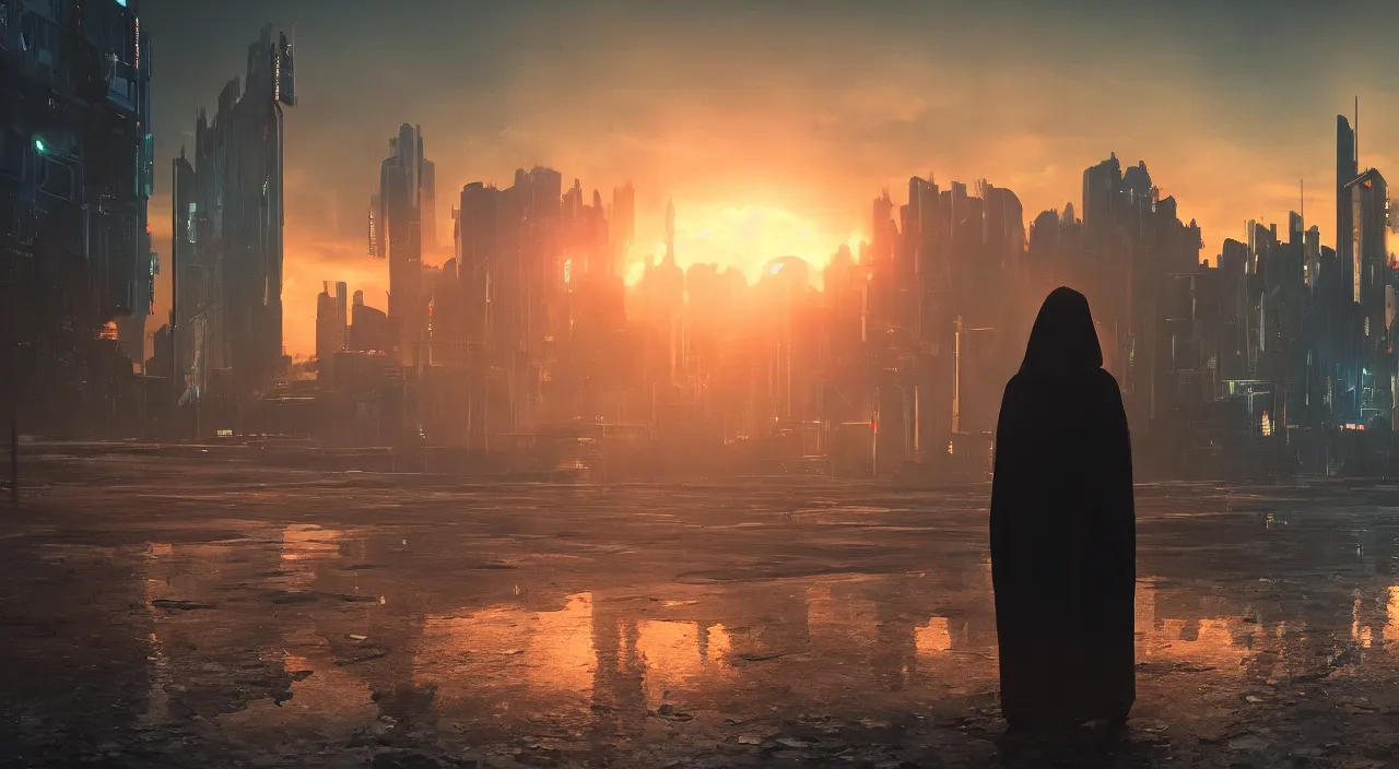 Image similar to a singular cloaked figure standing in the foreground of a cyberpunk landscape, synth, puddles, sunrise