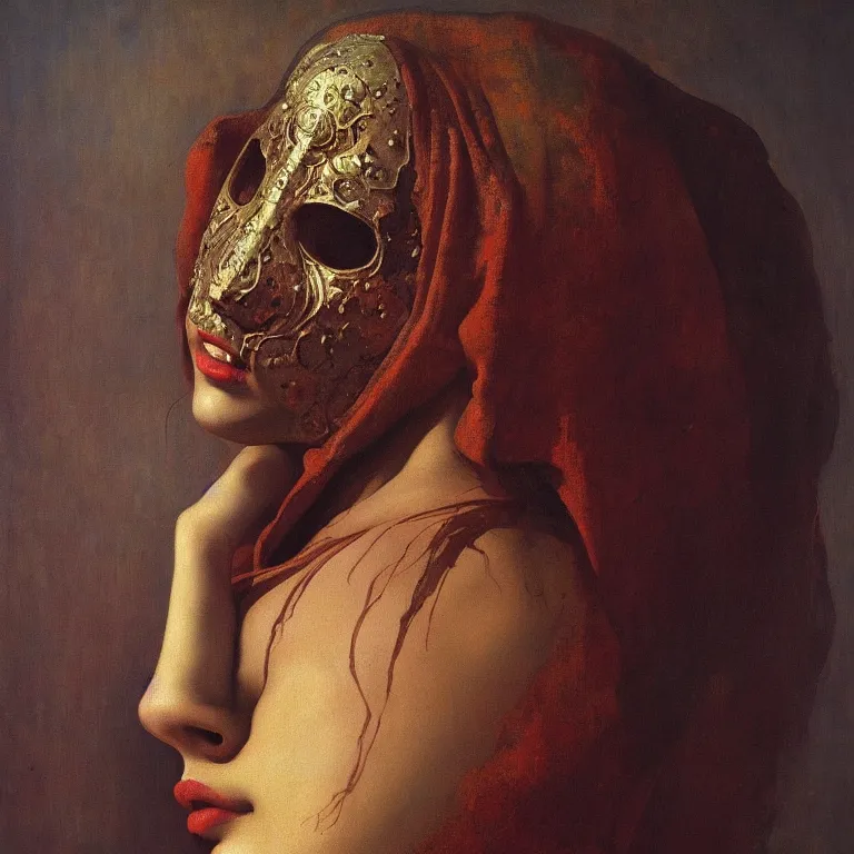 Image similar to The waist-high portrait of beautiful woman with closed eyes in steel full-face occult mask by Ilya Repin, William Blake, Michelangelo da Caravaggio and Beksinski, highly detailed oil painting, trending by artstation, fantasy character, 4k, masterpiece
