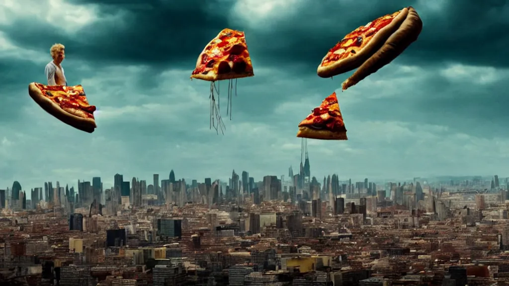 Prompt: the giant pizza floats the city, film still from the movie directed by denis villeneuve and david cronenberg with art direction by salvador dali and dr. seuss