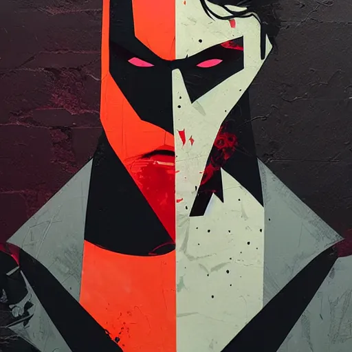 Prompt: Vampiric Batman by Sachin Teng, asymmetrical, dark vibes, Organic Painting , Matte Painting, geometric shapes, hard edges, graffiti, street art:2 by Mimmo Rotella:4