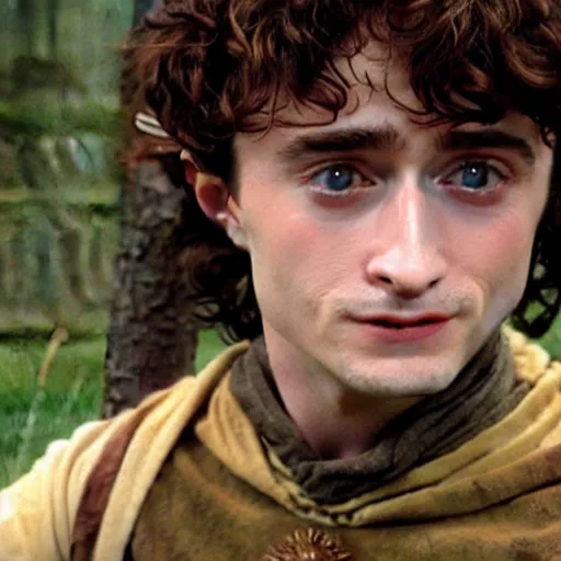 Image similar to Film still of a young Daniel Radcliffe as Frodo in Lord of the Rings: The Return of the King, wide shot, small eyes