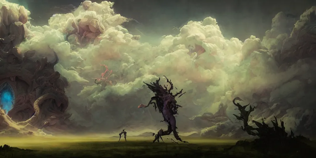 Image similar to clouds, by wayne barlowe, peter mohrbacher, kelly mckernan, epic scene, 4 k, dark fantasy, environment, unreal engine 5, detailed