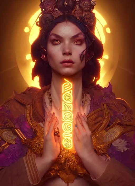 Image similar to Divine cosmic female power, glyphs, magic, artstation, high contrast, dramatic lighting, cgsociety, very detailed, intricate, detailed illustration, by artgerm and greg rutkowski and alphonse mucha, octane render, unreal engine, hyperrealism