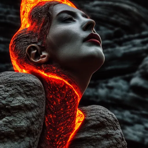 Prompt: beautiful stone woman, lava flowing, exotic trees, bare bark, dark eyes, low angle mist, high octane, frostbite, 8 k, cinematic, 3 5 mm, h 6 4 0