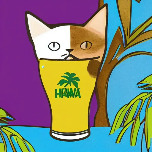 Image similar to a cat wearing a hawaii shirt drinking a beer at an outdoor bar in stockholm, digital art