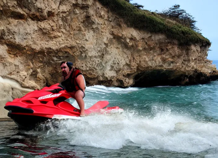 Prompt: angry fat lifeguard with a beard on jet ski yelling at people on the rocks at the thousand steps sea cave in laguna beach 2 0 1 3 summer