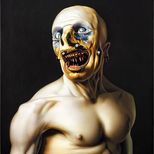 Image similar to refined gorgeous blended oil painting with black background by christian rex van minnen rachel ruysch dali todd schorr of a chiaroscuro portrait of an extremely bizarre disturbing mutated man with shiny skin acne intense chiaroscuro cast shadows obscuring features dramatic lighting perfect composition masterpiece