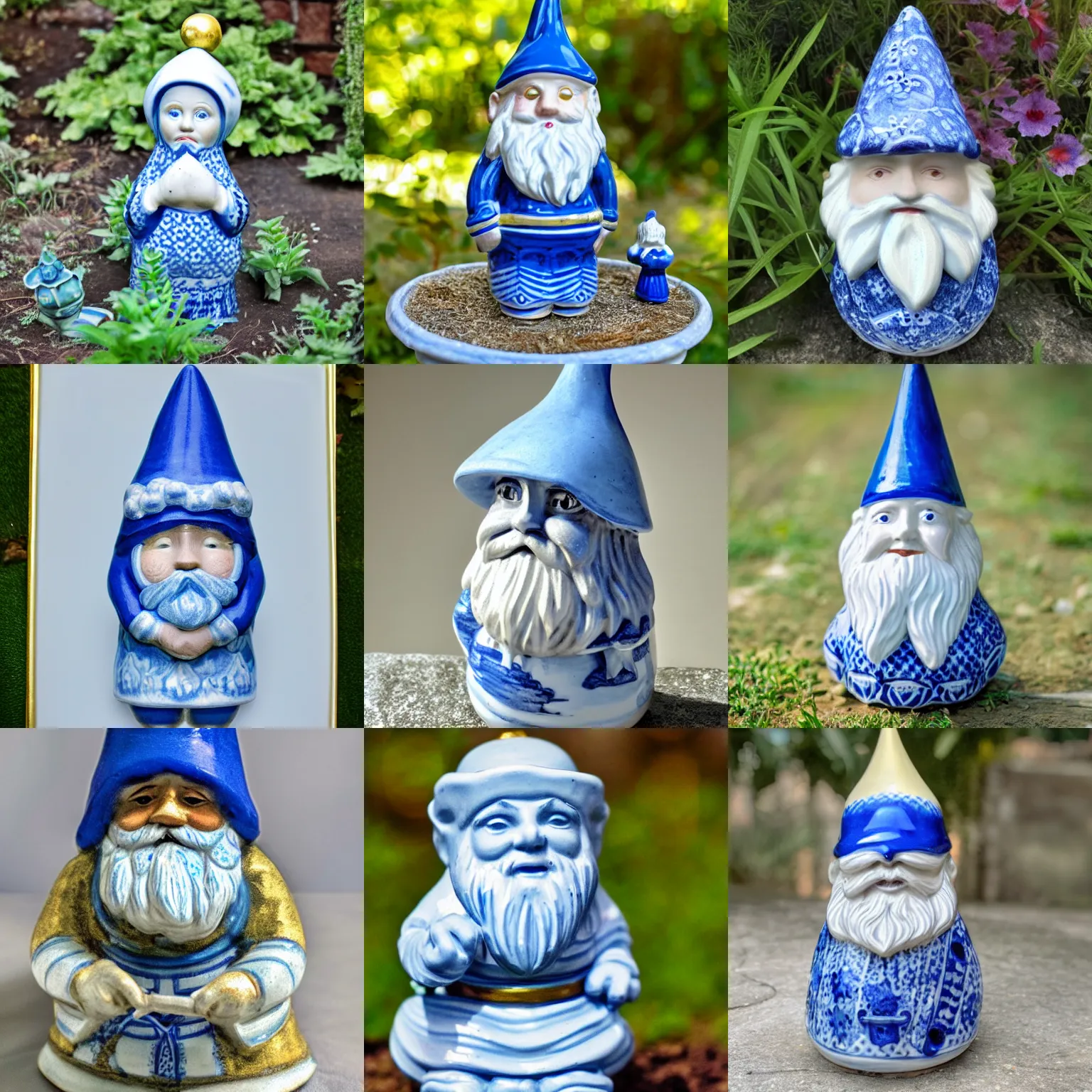 Prompt: a garden gnome made of blue and white fine china. intricate blue patterns. soft light. golden hour