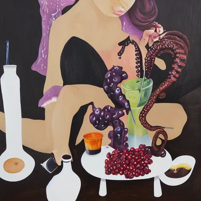 Prompt: sensual, a portrait in a female art student's bedroom, black walls, a woman drinking iced latte, pancakes, honey dripping, berries dripping, chocolate, surgical supplies, ikebana, octopus, neo - expressionism, surrealism, acrylic and spray paint and oilstick on canvas