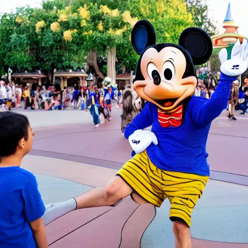 Prompt: the Goofy character at Disneyland fighting a child