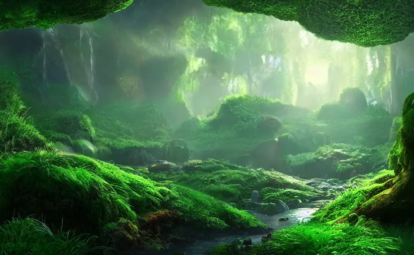 Prompt: a beautiful and stunning professional digital artwork of a humongous glowing mushroom cave, haze, waterfall, volumetric lighting, hyperrealistic, green, blue, sunset, unreal engine 5, ultra detail