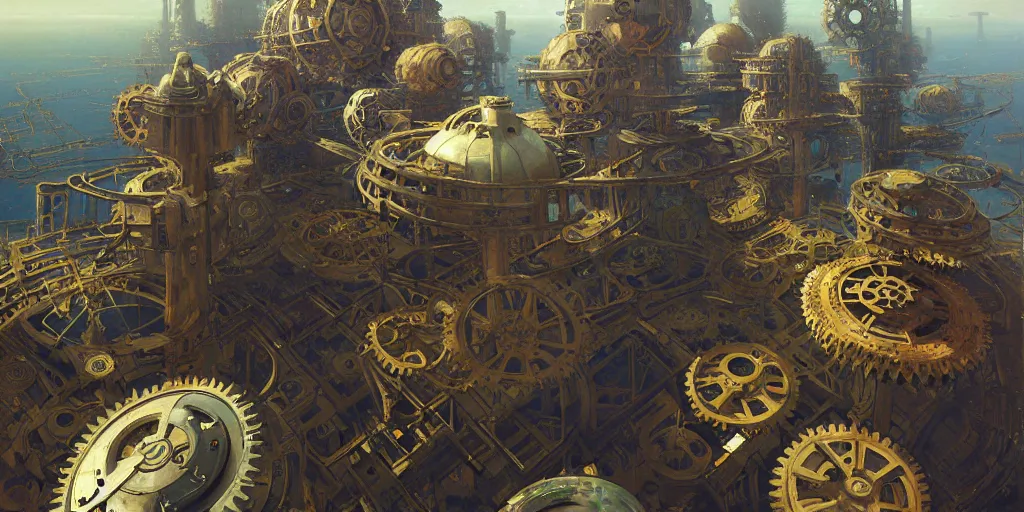 Prompt: giant interlocked gears cogs, giant geometric mechanisms structures floating in space, industry, villages castles, buildings vista artstation illustration sharp focus vista painted by ruan jia raymond swanland lawrence alma tadema zdzislaw beksinski norman rockwell tom lovell alex malveda greg staples