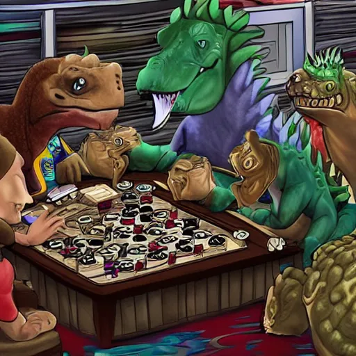 Image similar to Dinosaurs playing poker at the prehistoric dawn cave casino drawn with a left hand.