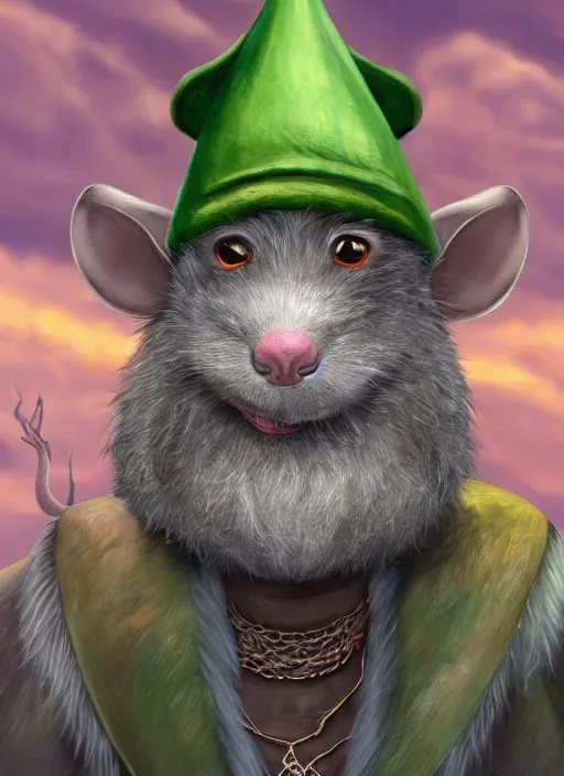 Prompt: anthropomorphic rat with human eyes and a gray beard, wearing jewelry, tricorne hat, green robe, d & d, digital art, detailed face, highly detailed, trending on artstation, realistic, studio lighting, sea in the background