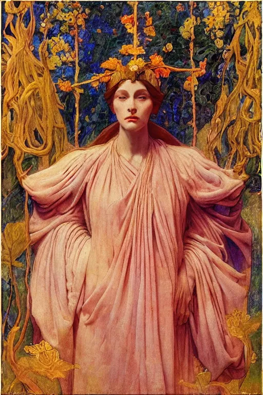 Image similar to queen of the springtime, by Annie Swynnerton and Nicholas Roerich and jean delville, dramatic cinematic lighting , ornate headdress , flowing robes, lost civilizations, smooth, sharp focus, extremely detailed