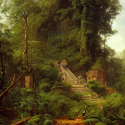 Prompt: aztec temple in the jungle overgrown with vegetation, painting by andreas achenbach