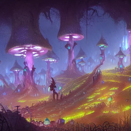 Image similar to concept art detailed painting of a dark purple fantasy fairytale fungal town made of mushrooms, with glowing blue lights, in the style of jordan grimmer and neil blevins and wayne barlowe