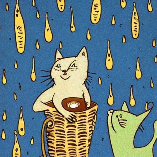 Image similar to cats drinking coffee, amongst coffee bean rain, illustrated in styles of Maurice Sendak, Tove Jansson