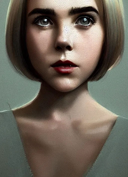 Image similar to portrait of kiernan shipka with freckles, white hair, 1 9 6 0 s bob hairstyle, hairstyle with bangs, 1 9 6 0 s bob hair with bangs and hairband, intricate, elegant, glowing lights, highly detailed, digital painting, artstation, concept art, smooth, sharp focus, illustration, art by wlop, mars ravelo and greg rutkowski