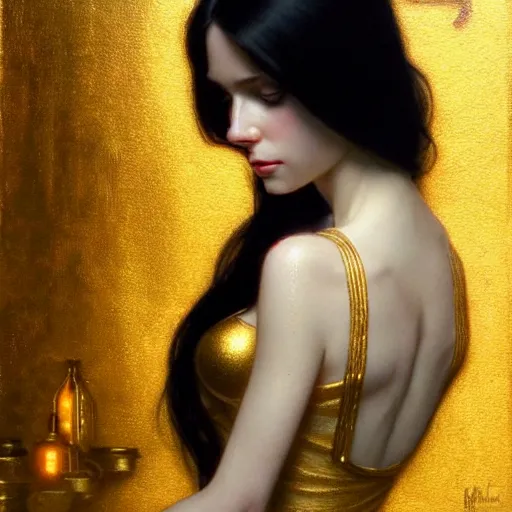 Prompt: Portrait of a beautiful pale skin Eastern European female with long black hair, dark eyes, elegant clothing, photorealistic, highly detailed, artstation, smooth, sharp focus, gold ornaments, neon lighting, sci-fi, art by Klimt, artgerm, Greg Rutkowski and Alphonse Mucha