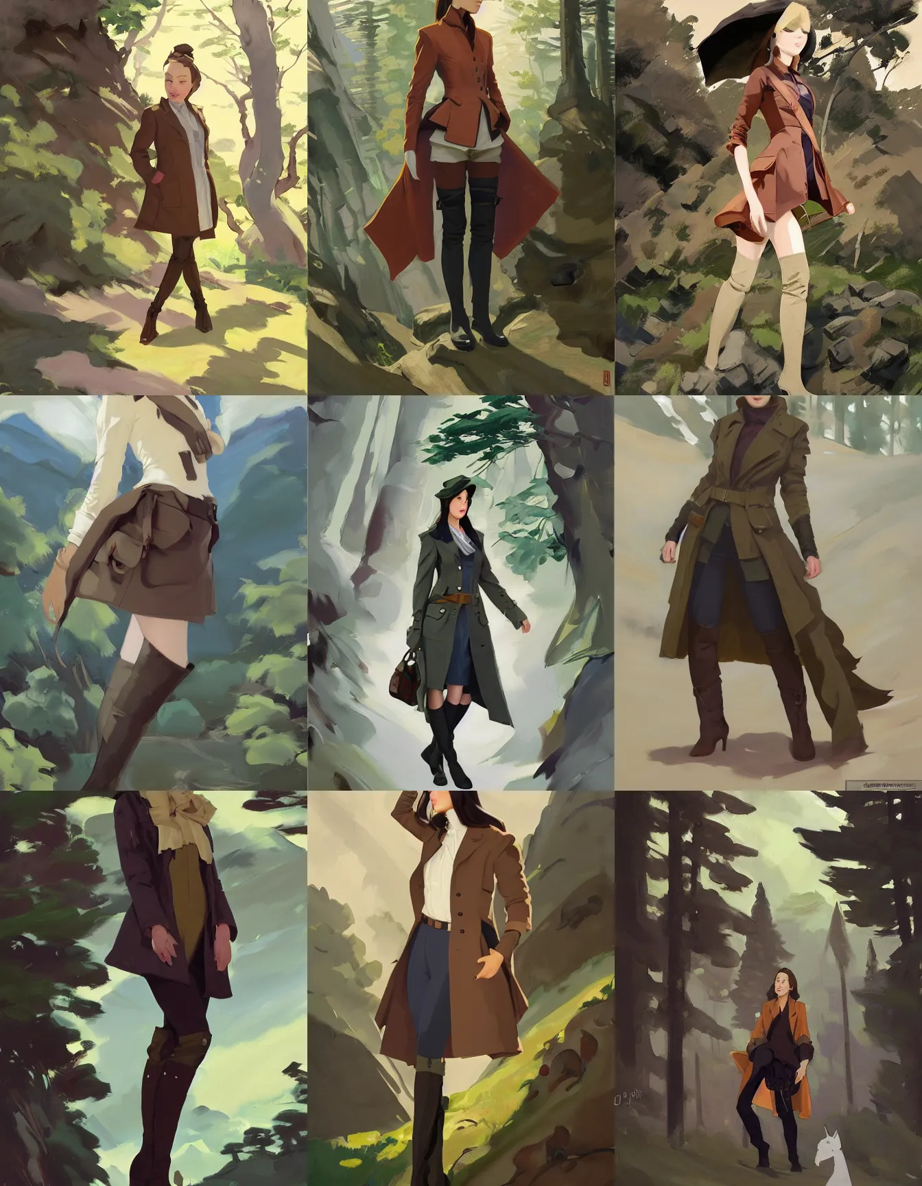 Prompt: cloth fabric jodhpurs knee high boots travel coat fashion, solo hiking in mountains trees, greg manchess painting by sargent and leyendecker, studio ghibli, fantasy, asymmetrical, intricate, elegant, matte painting, illustration, hearthstone, by greg rutkowski, by greg tocchini, by james gilleard, by joe fenton