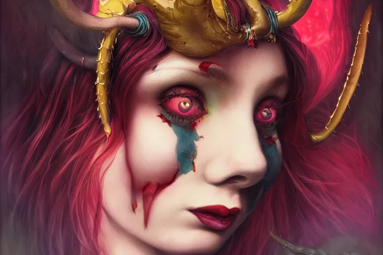 Image similar to pretty demon girl with horns photograph in the style of tom bagshaw, colorful, realistic, 8 k