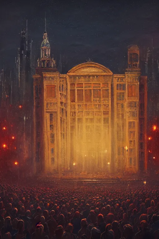 Prompt: a beautiful hyperrealistic painting of a night at the opera by Alena Aenami, Anton Semenov, Alejandro Burdisio, gigantic, octane render, brilliantly coloured, intricate, ultra wide angle, trending on artstation, dusk, volumetric lighting, polished, micro details, ray tracing, 8k