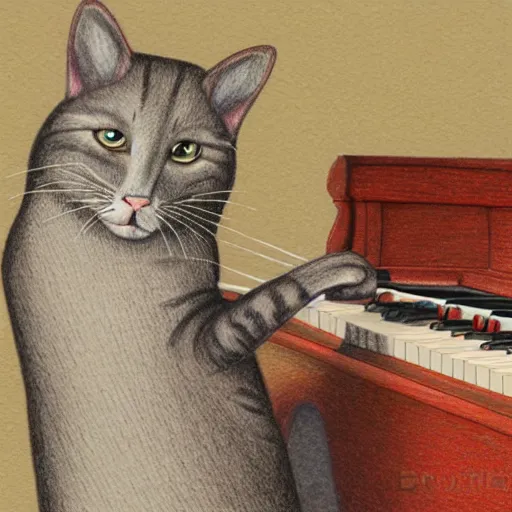 Image similar to anthropomorphic cat playing piano on stage at concert hall, detailed color pencil drawing 4 k