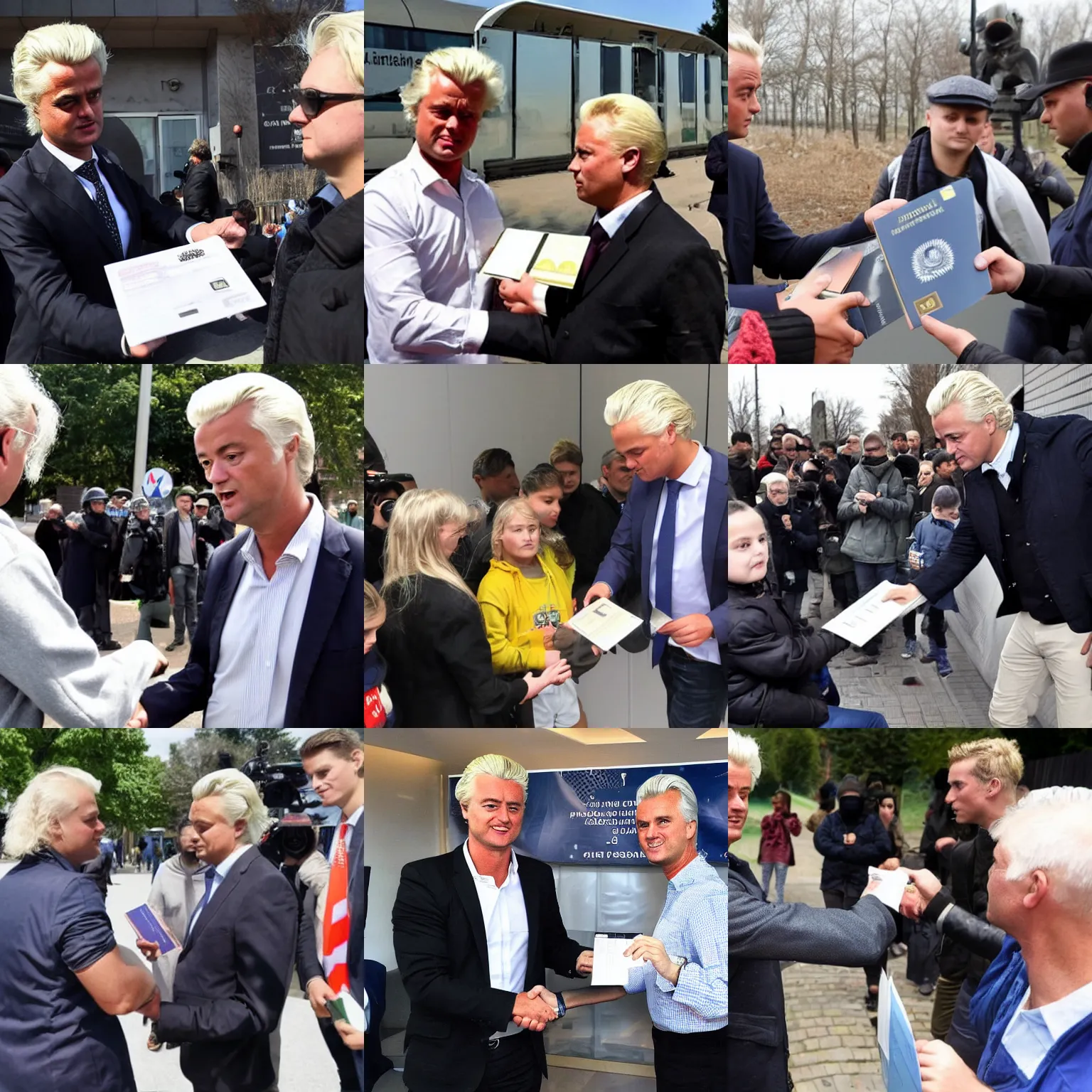 Prompt: geert wilders handing out passport to immigrants