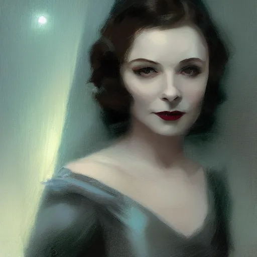 Image similar to a closeup portrait of a young vivian leigh, 1 9 2 0 s, femme fatale, gorgeous view, night, film noir, eerie, high detail, depth, masterpiece by greg rutkowski, digital art, trending on artstation