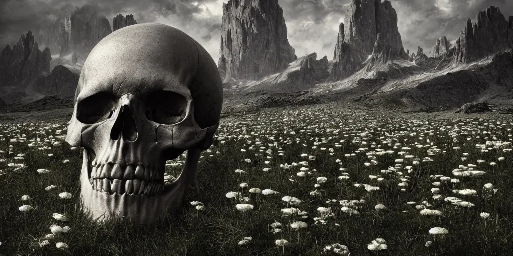 Image similar to skulls being overgrown by edelweiss, dolomites in background, dark, eerie, despair, portrait photography, artstation, digital art, adward winning, concept art, artstation, highly detailed, sharp focus, by caravaggio